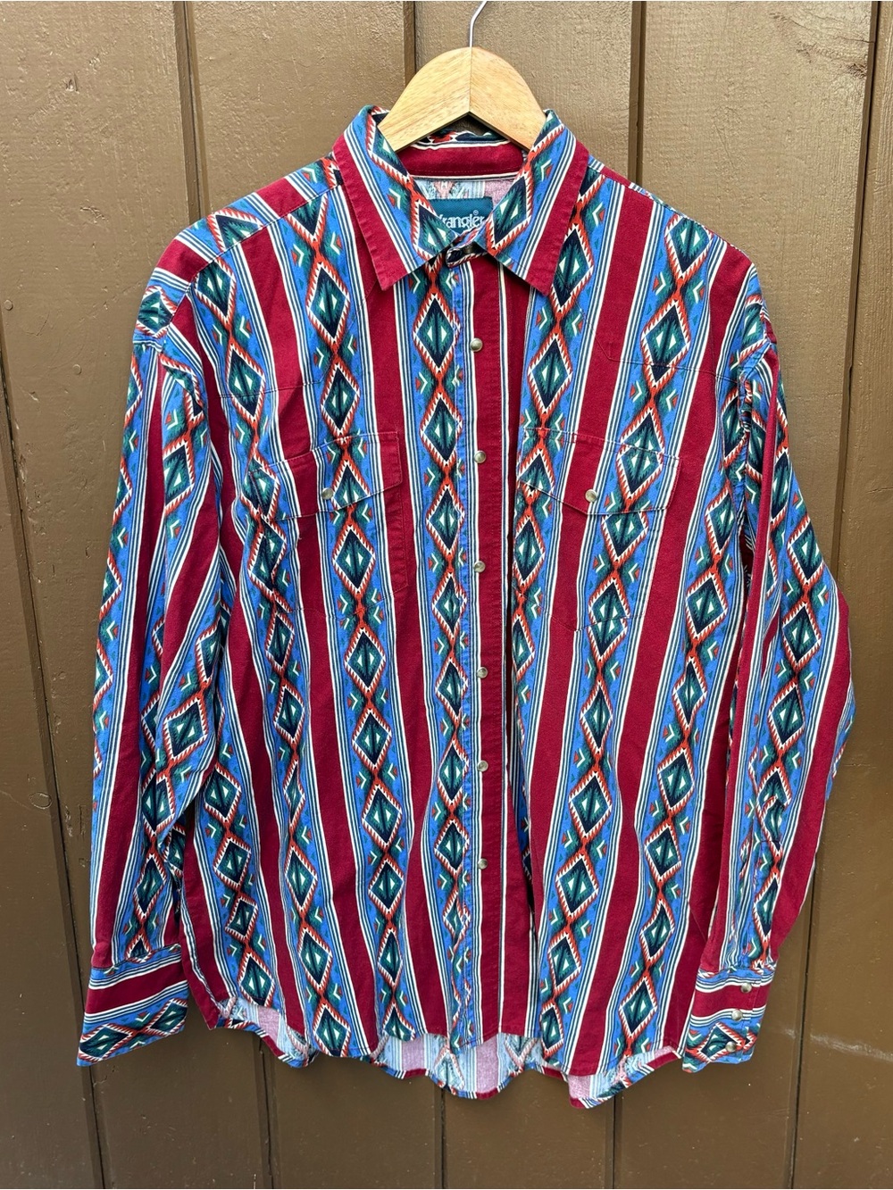Wrangler Western Shirt Mens XL Red Blue Aztec Geometric Vintage Pearl Snap LS